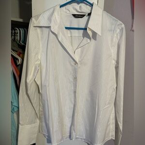 Eddie Bauer White with Metallic Pinstripe Button Down Blouse